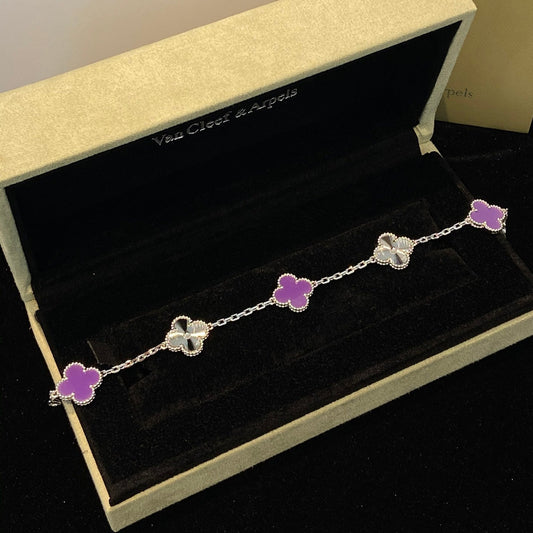 [Lucky Star]CLOVER  5 MOTIFS  PURPLE VIOLET BRACELET SILVER