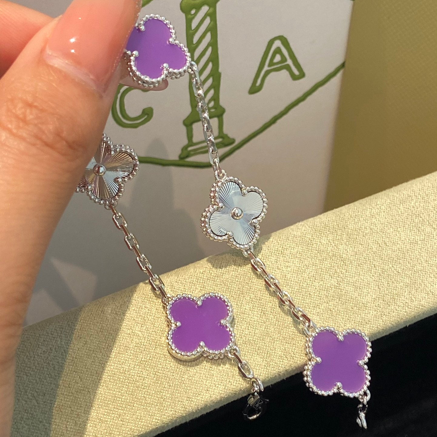 [Lucky Star]CLOVER  5 MOTIFS  PURPLE VIOLET BRACELET SILVER