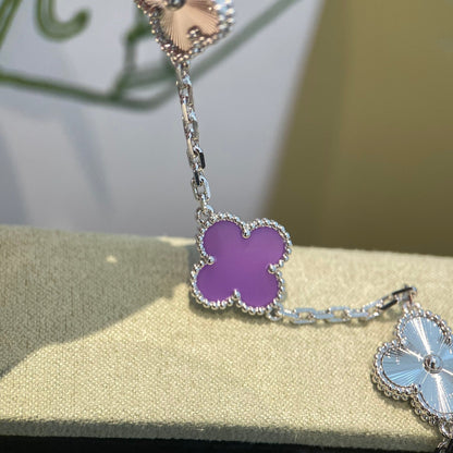 [Lucky Star]CLOVER  5 MOTIFS  PURPLE VIOLET BRACELET SILVER