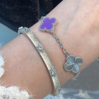 [Lucky Star]CLOVER  5 MOTIFS  PURPLE VIOLET BRACELET SILVER