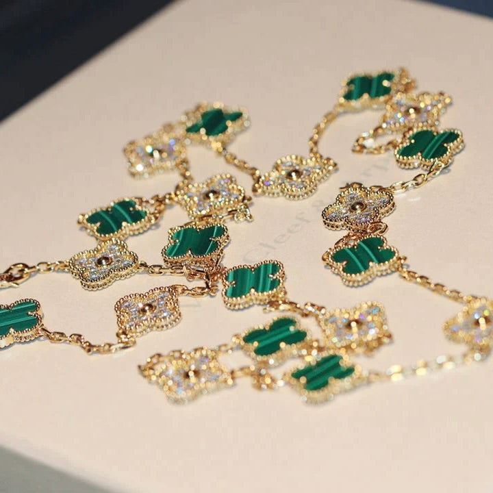[Lucky Star]CLOVER 20 MOTIFS MALACHITE DIAMOND NECKLACE