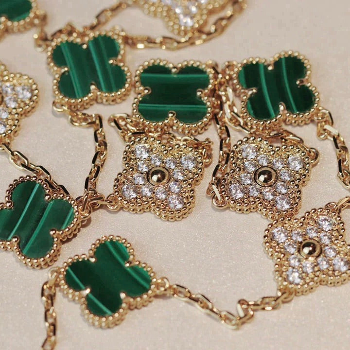 [Lucky Star]CLOVER 20 MOTIFS MALACHITE DIAMOND NECKLACE