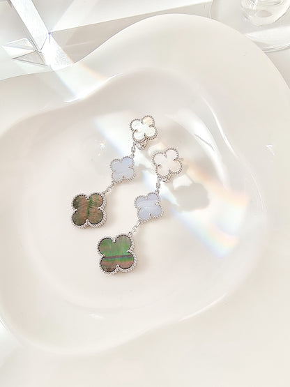 [Lucky Star]CLOVER 3 MOTIFS CHALCEDONY DARK MOP SILVER EARRINGS