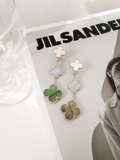 [Lucky Star]CLOVER 3 MOTIFS CHALCEDONY DARK MOP SILVER EARRINGS