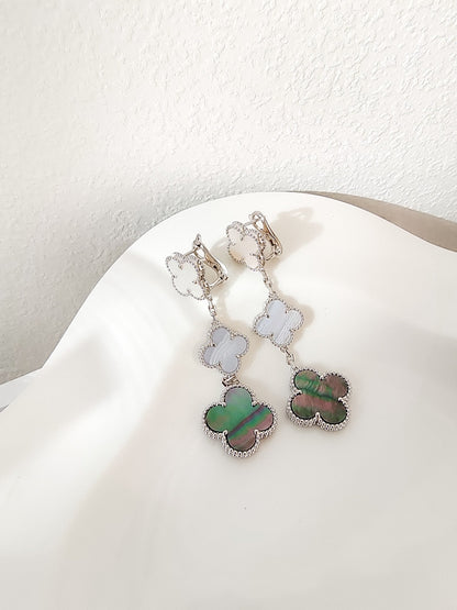 [Lucky Star]CLOVER 3 MOTIFS CHALCEDONY DARK MOP SILVER EARRINGS