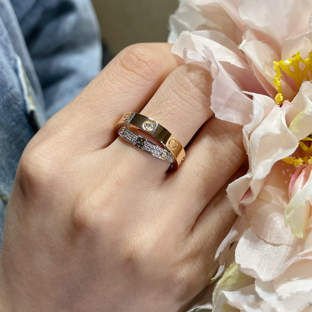 [Lucky Star]LOVE PINK GOLD SILVER DIAMOND DOUBLE RING