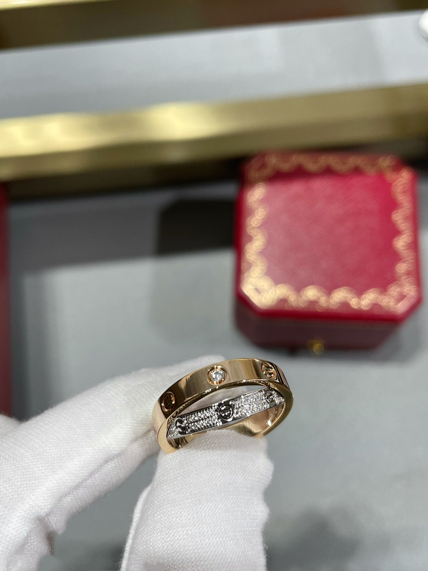 [Lucky Star]LOVE PINK GOLD SILVER DIAMOND DOUBLE RING