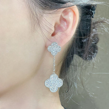 [Lucky Star]CLOVER 2 MOTIFS DIAMOND PAVED SILVER EARRINGS