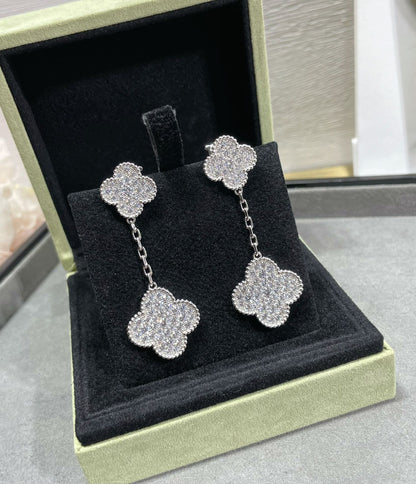 [Lucky Star]CLOVER 2 MOTIFS DIAMOND PAVED SILVER EARRINGS