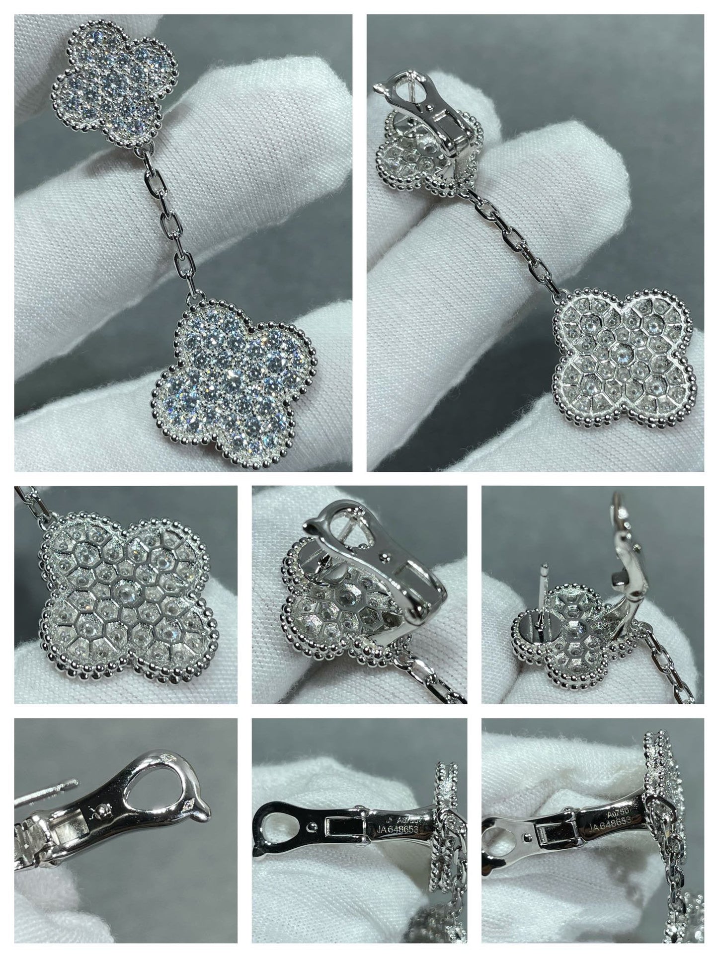 [Lucky Star]CLOVER 2 MOTIFS DIAMOND PAVED SILVER EARRINGS