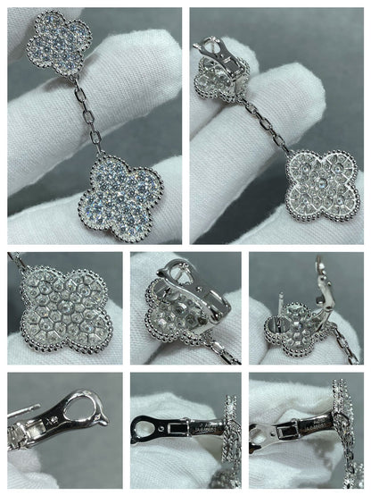 [Lucky Star]CLOVER 2 MOTIFS DIAMOND PAVED SILVER EARRINGS