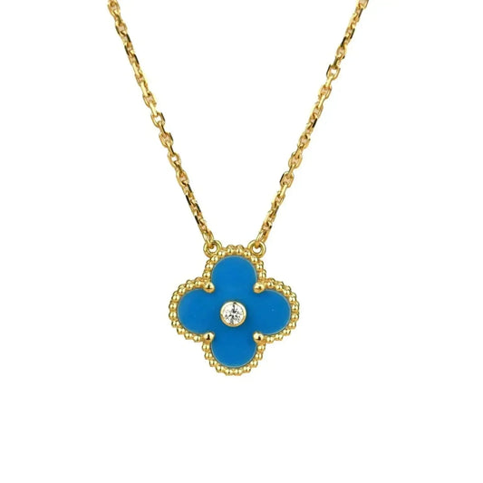 [Lucky Star]CLOVER 15MM DIAMOND AND BLUE AGATE NECKLACE