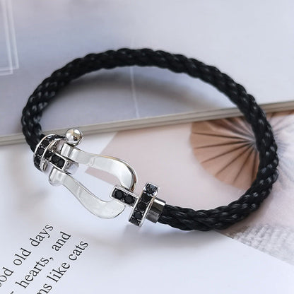 [Lucky Star]FORCE GROSSES HUFEISENARMBAND MIT SCHWARZEN DIAMANTEN SILBER