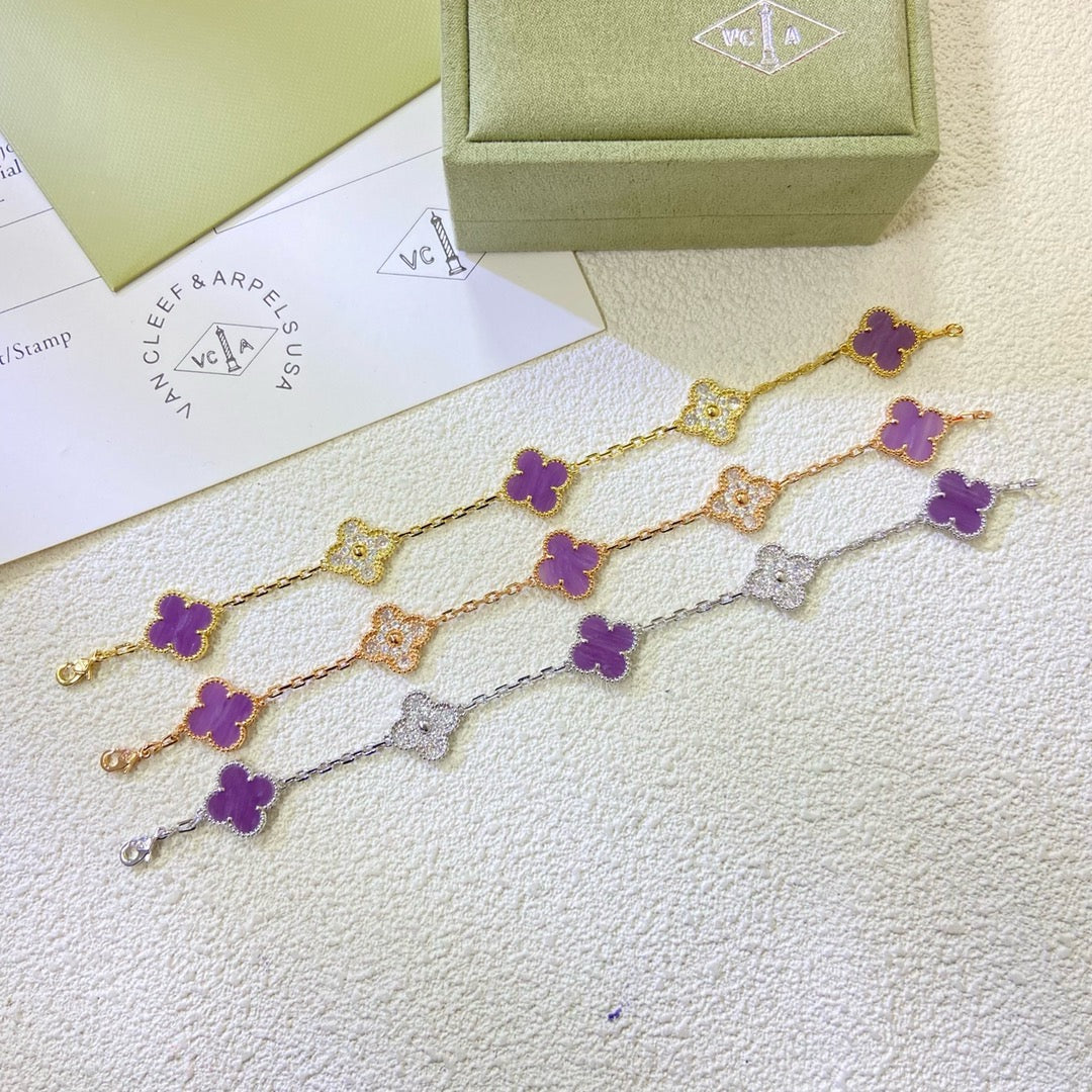 [Lucky Star]CLOVER  5 MOTIFS  PURPLE VIOLET DIAMOND BRACELET