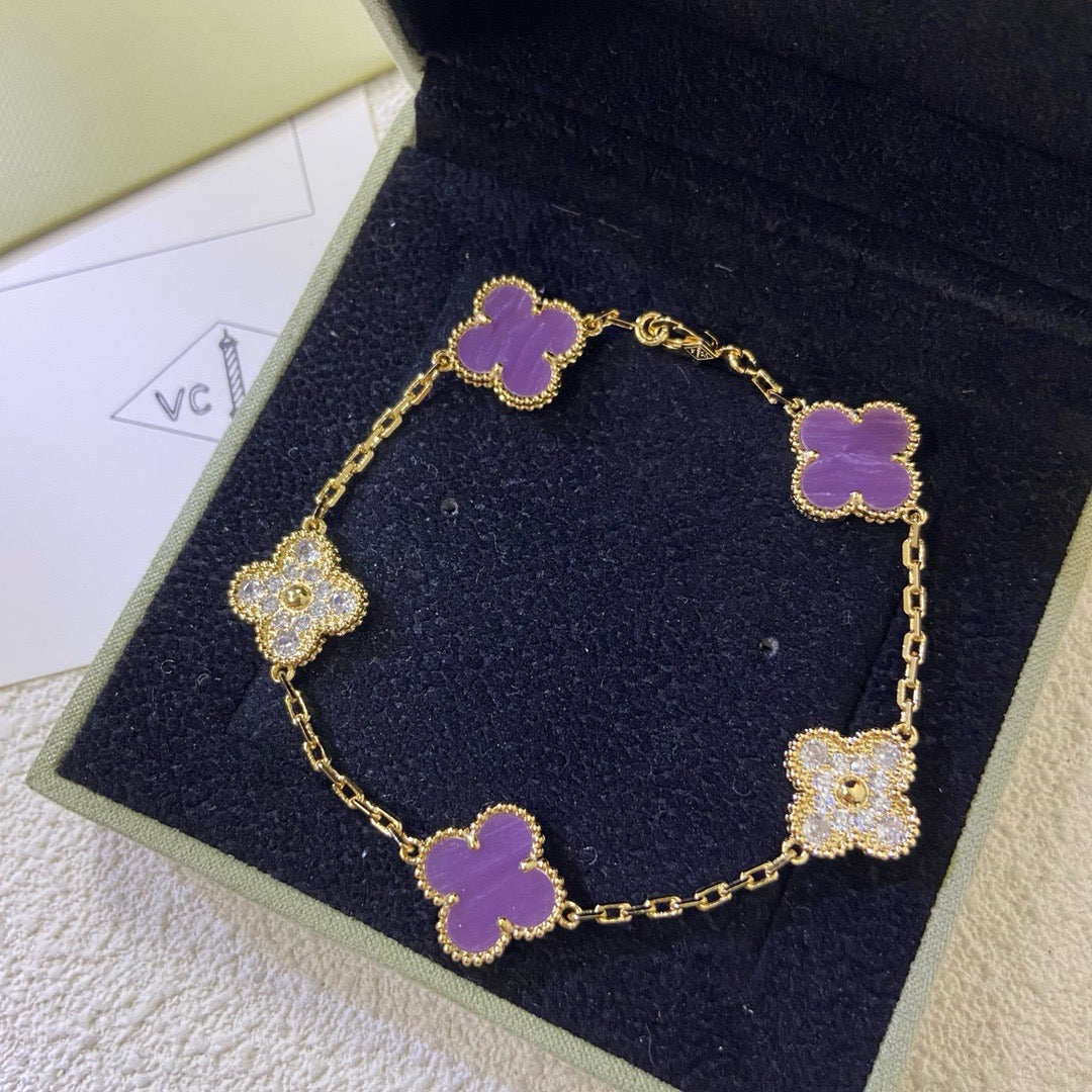 [Lucky Star]CLOVER  5 MOTIFS  PURPLE VIOLET DIAMOND BRACELET