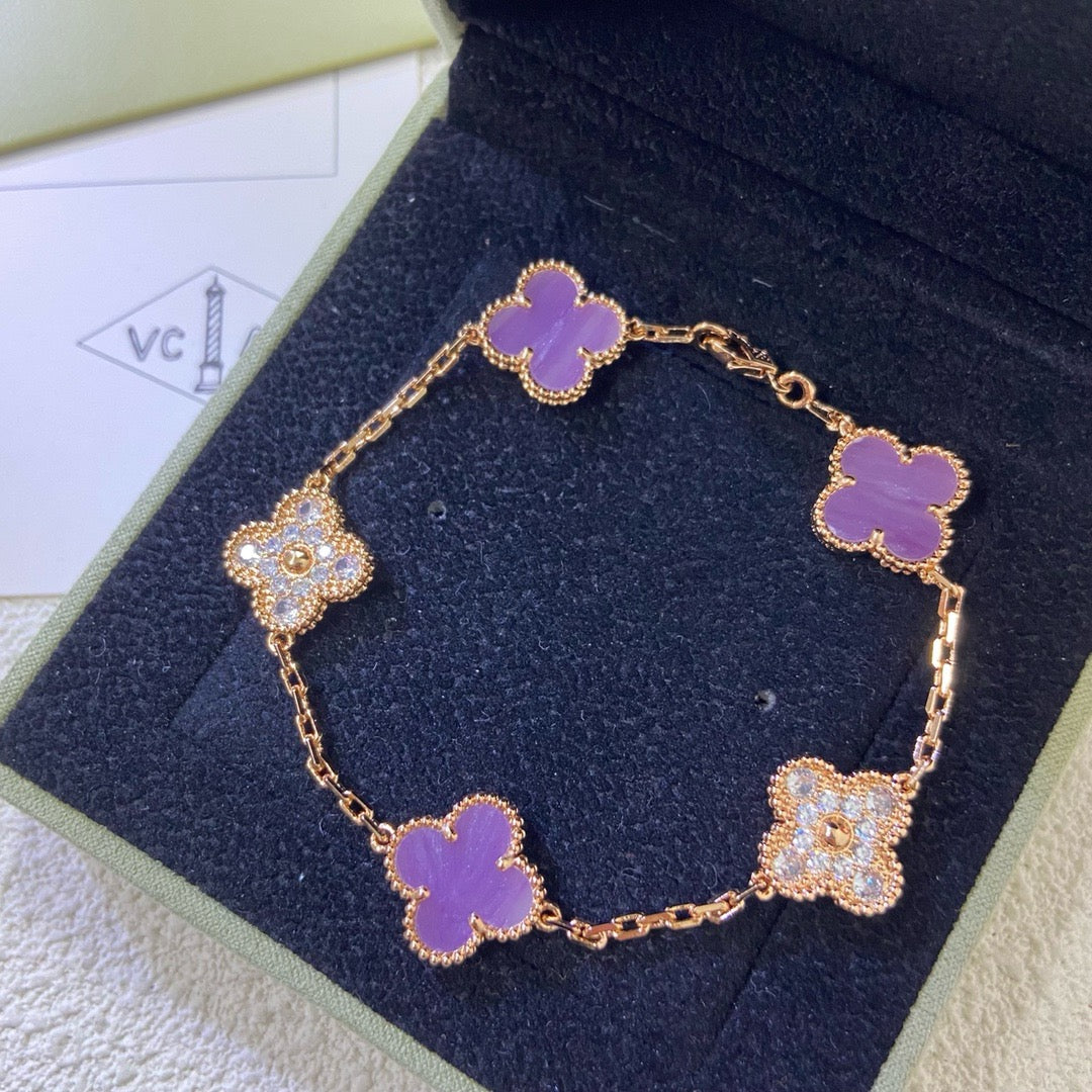 [Lucky Star]CLOVER  5 MOTIFS  PURPLE VIOLET DIAMOND BRACELET