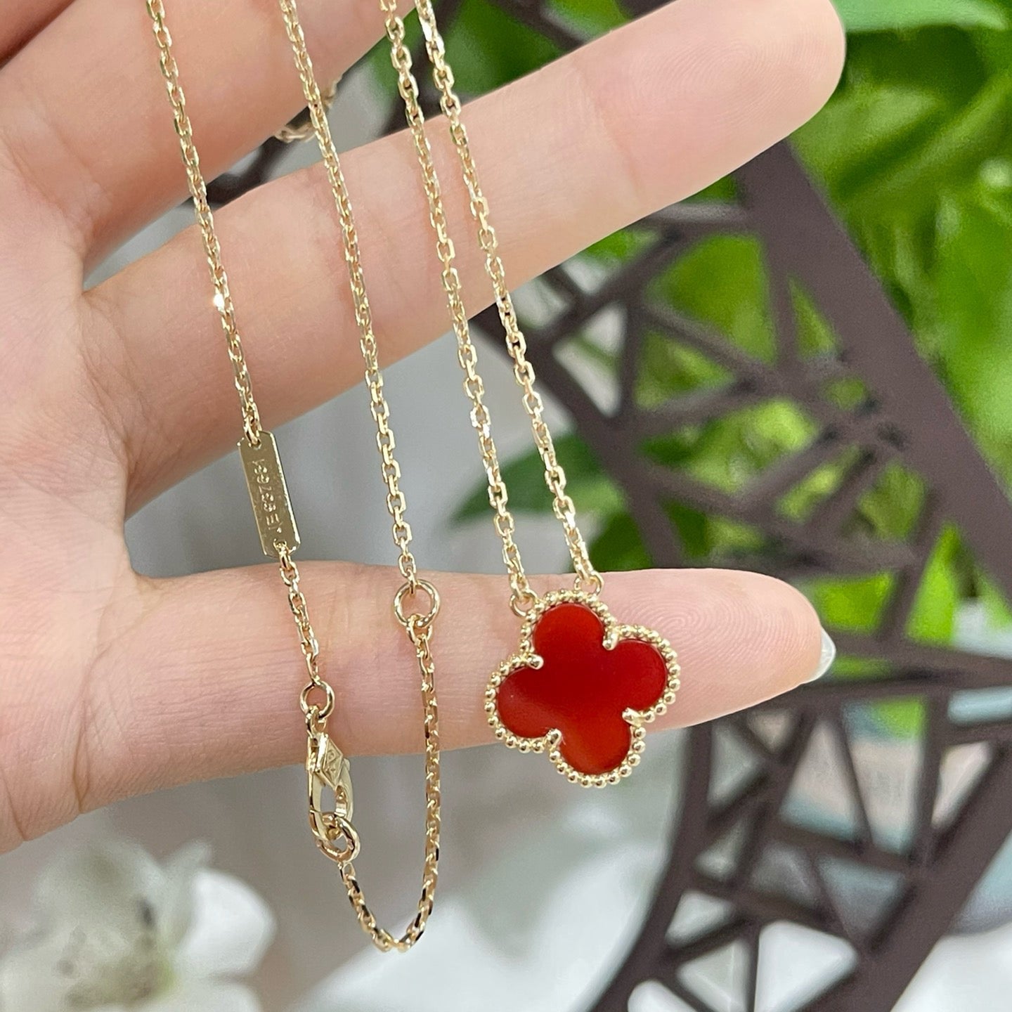 [Lucky Star]CLOVER 15MM CARNELIAN SINGLE FLOWER NECKLACE