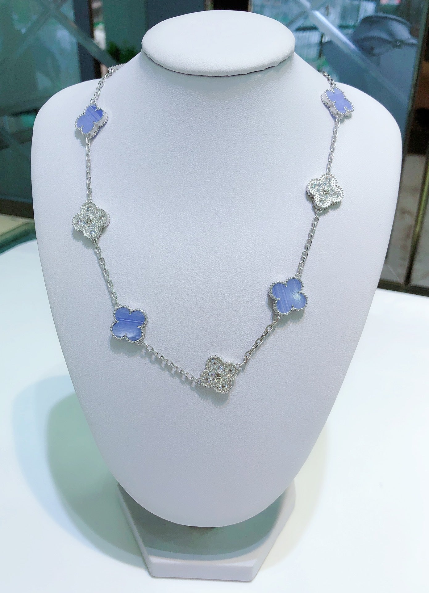 [Lucky Star]CLOVER 10 MOTIFS CHALCEDONY DIAMONDS SILVER NECKLACE