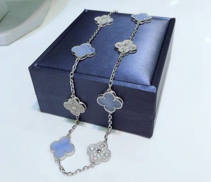 [Lucky Star]CLOVER 10 MOTIFS CHALCEDONY DIAMONDS SILVER NECKLACE