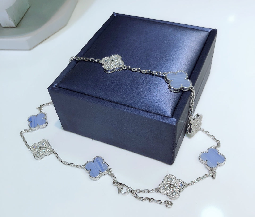 [Lucky Star]CLOVER 10 MOTIFS CHALCEDONY DIAMONDS SILVER NECKLACE