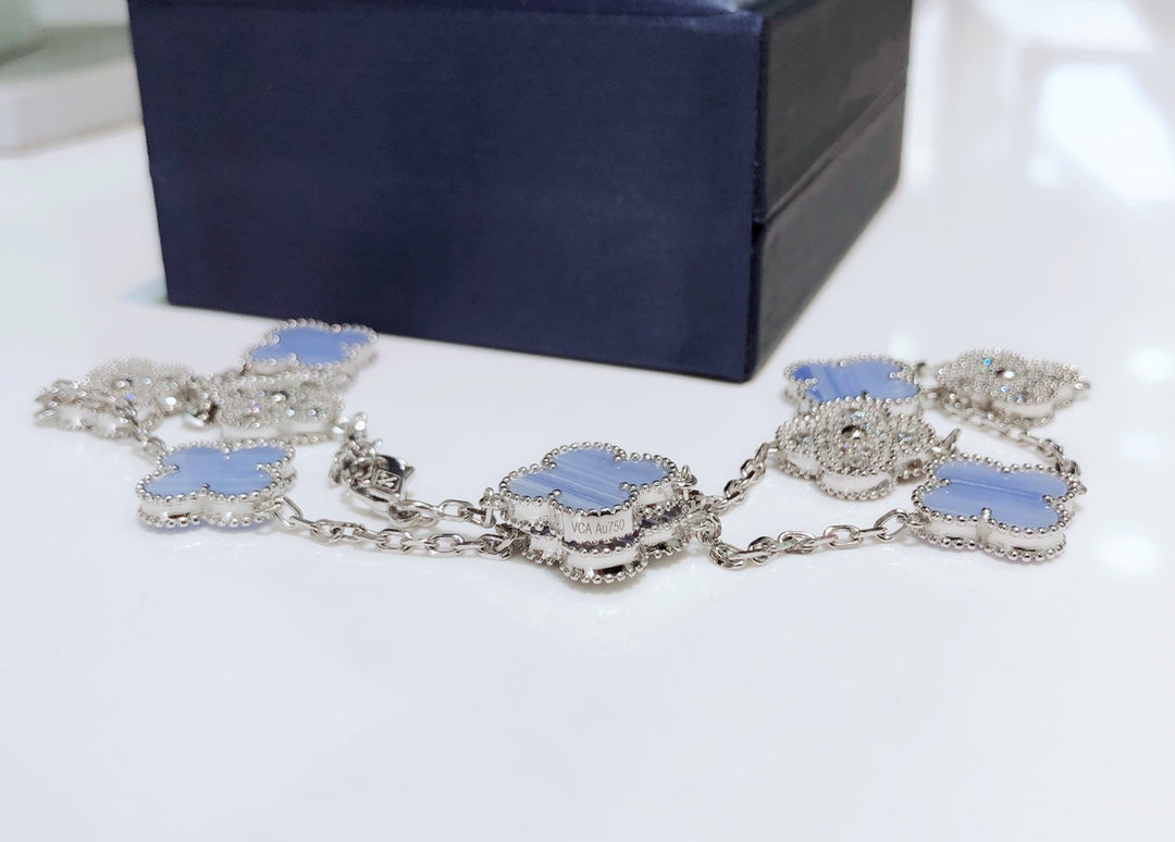 [Lucky Star]CLOVER 10 MOTIFS CHALCEDONY DIAMONDS SILVER NECKLACE