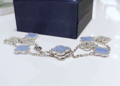 [Lucky Star]CLOVER 10 MOTIFS CHALCEDONY DIAMONDS SILVER NECKLACE