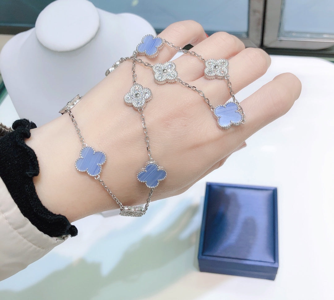 [Lucky Star]CLOVER 10 MOTIFS CHALCEDONY DIAMONDS SILVER NECKLACE